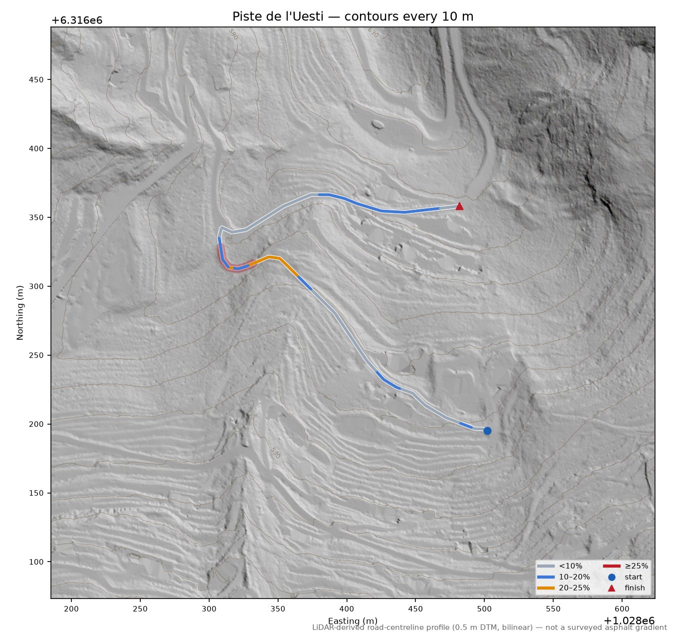Piste de l'Uesti LiDAR hillshade map with contours