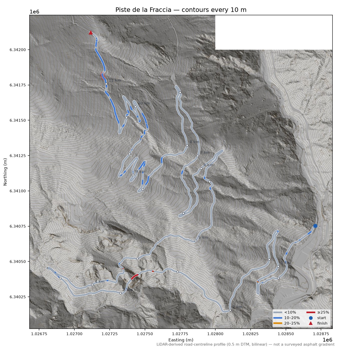 Piste de la Fraccia LiDAR hillshade map with contours