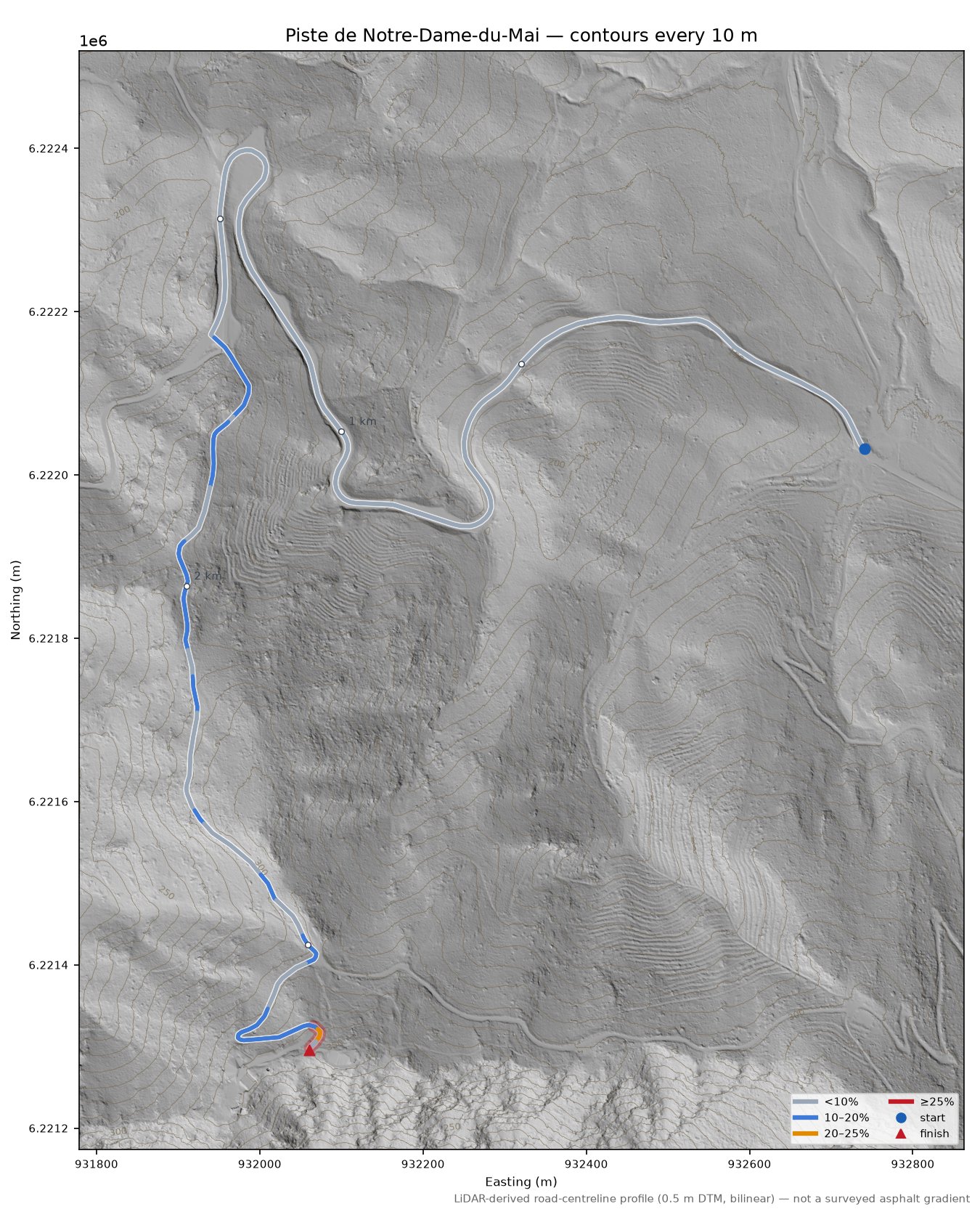 Piste de Notre-Dame-du-Mai LiDAR hillshade map with contours