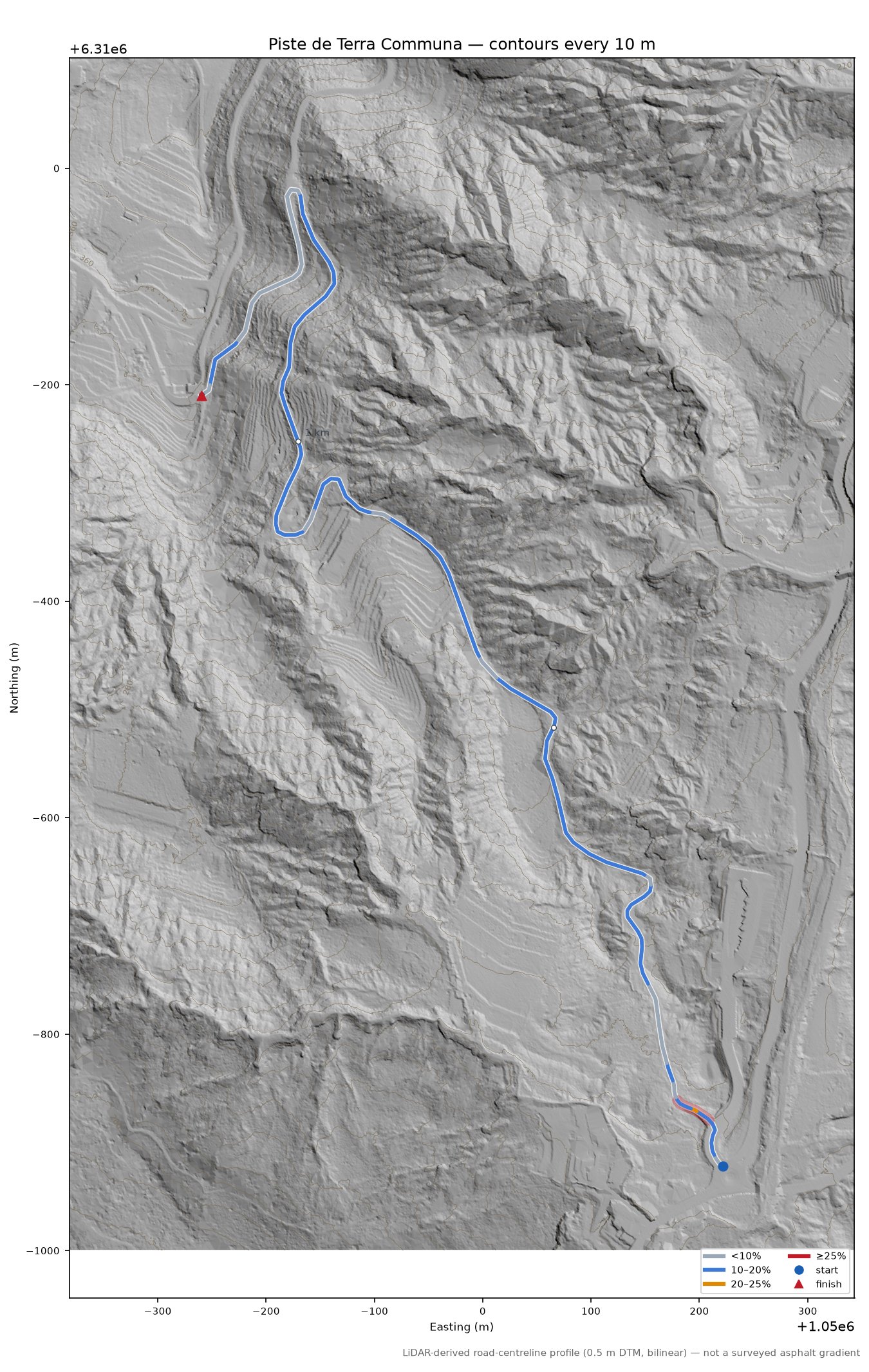 Piste de Terra Communa LiDAR hillshade map with contours