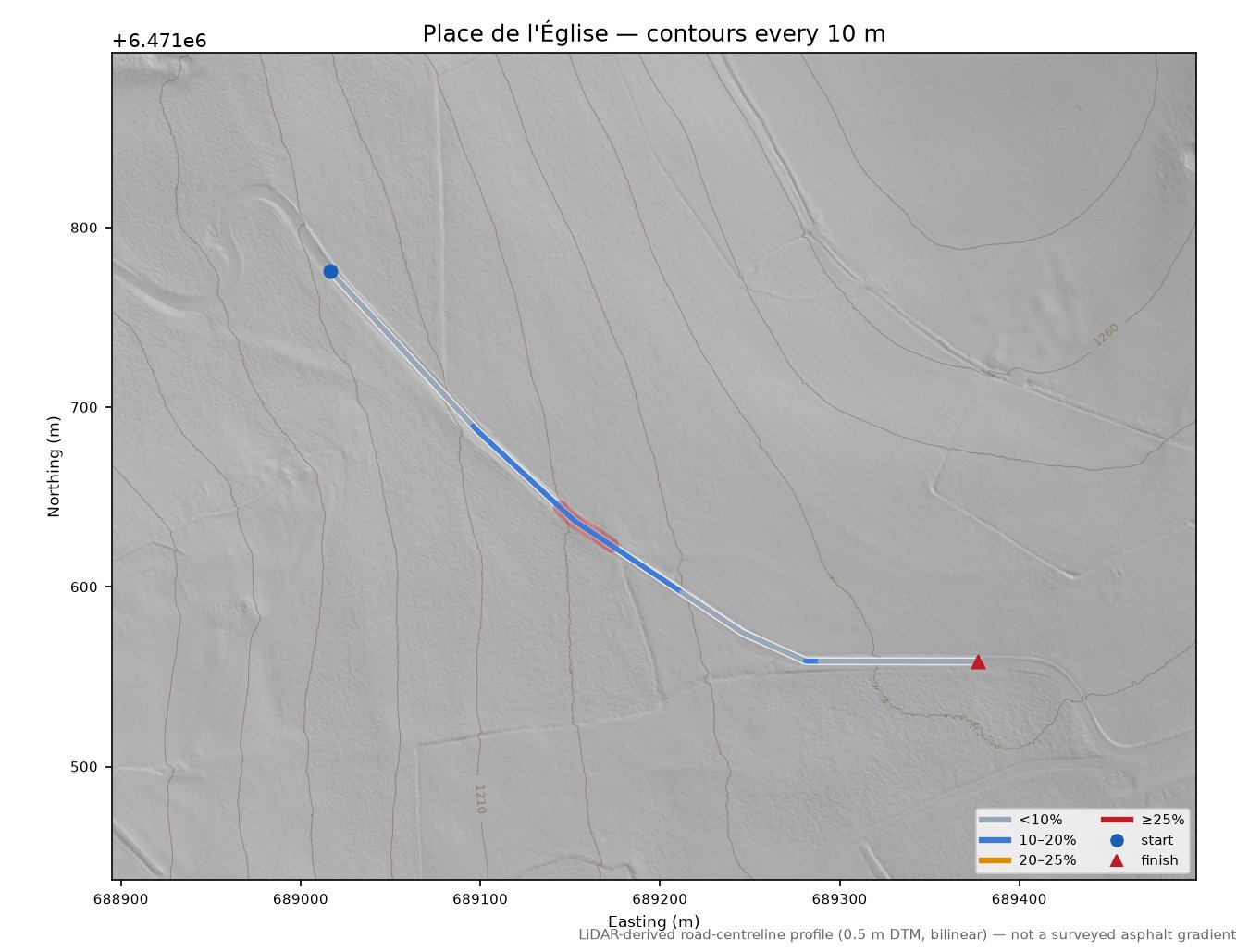 Place de l'Église LiDAR hillshade map with contours