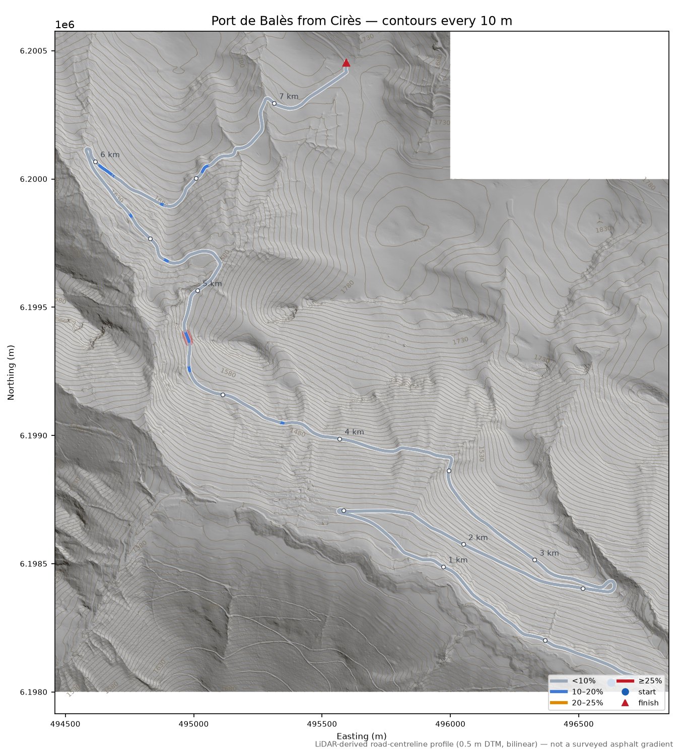 Port de Balès from Cirès LiDAR hillshade map with contours