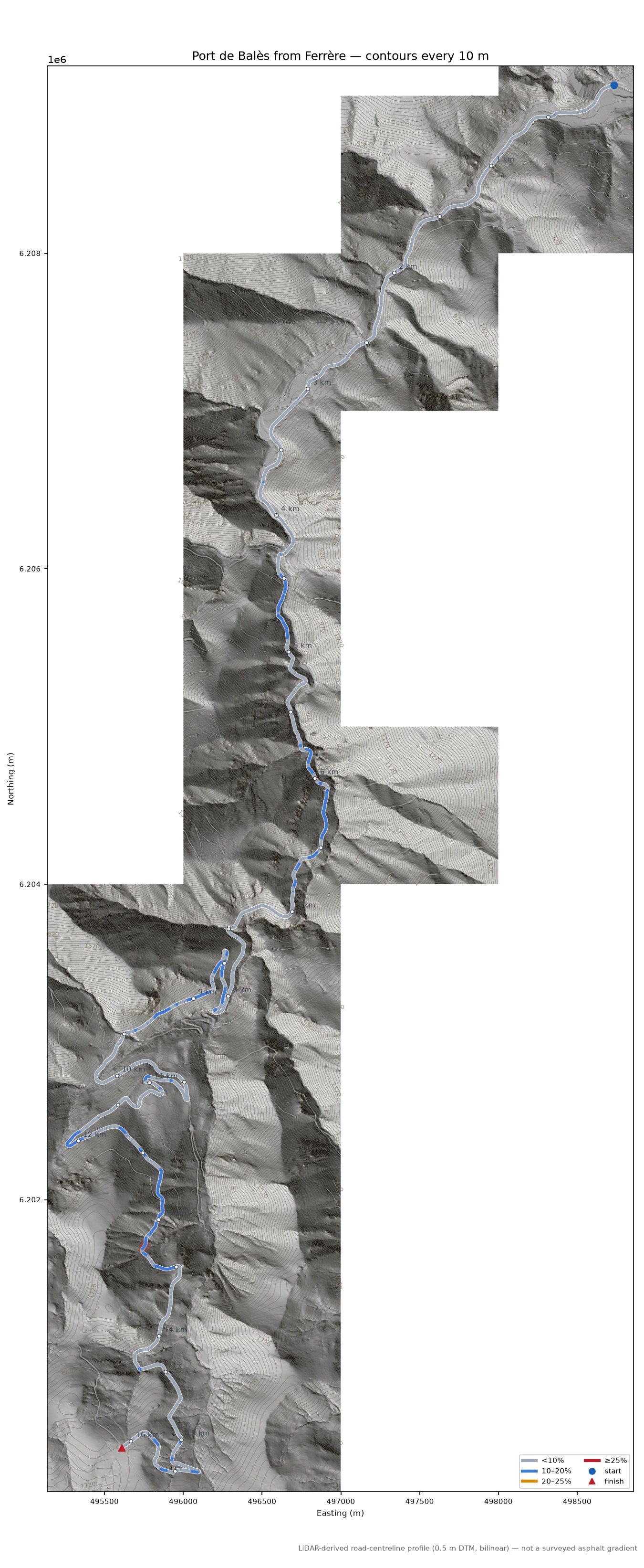 Port de Balès from Ferrère LiDAR hillshade map with contours
