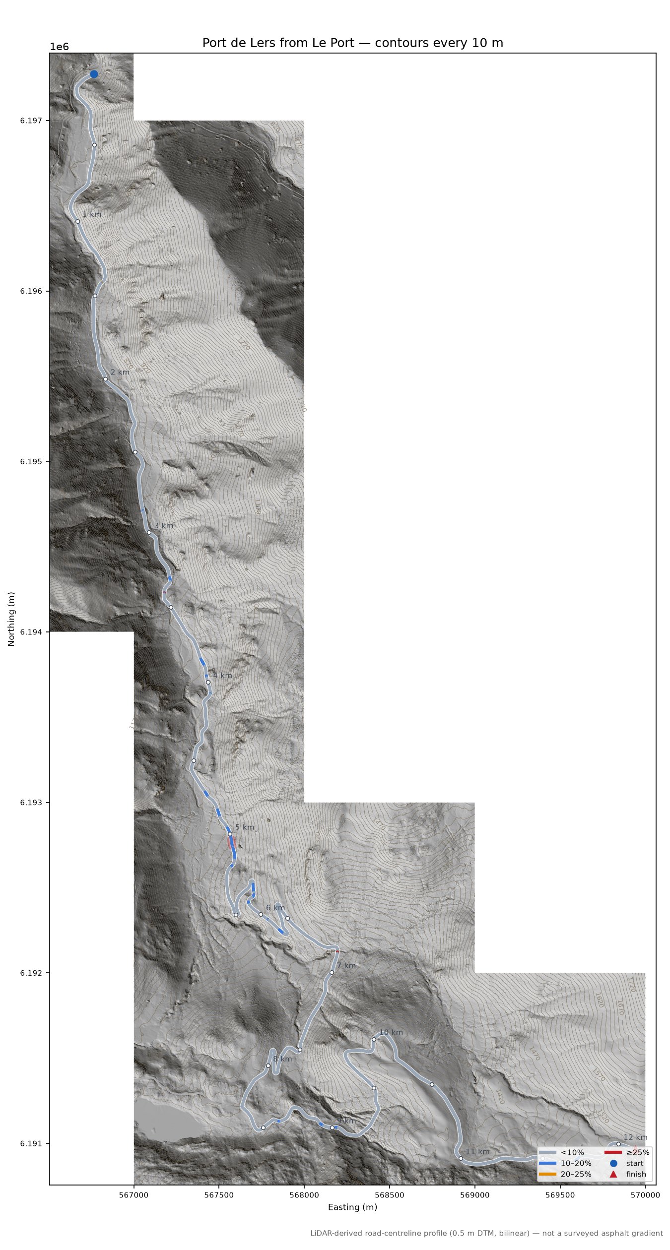Port de Lers from Le Port LiDAR hillshade map with contours