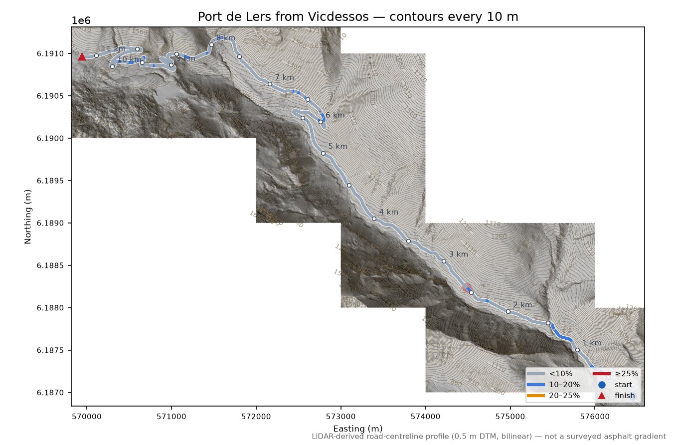 Port de Lers from Vicdessos LiDAR hillshade map with contours
