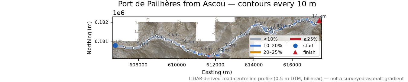 Port de Pailhères from Ascou LiDAR hillshade map with contours