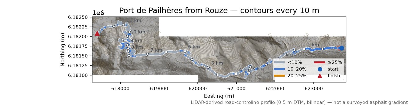 Port de Pailhères from Rouze LiDAR hillshade map with contours