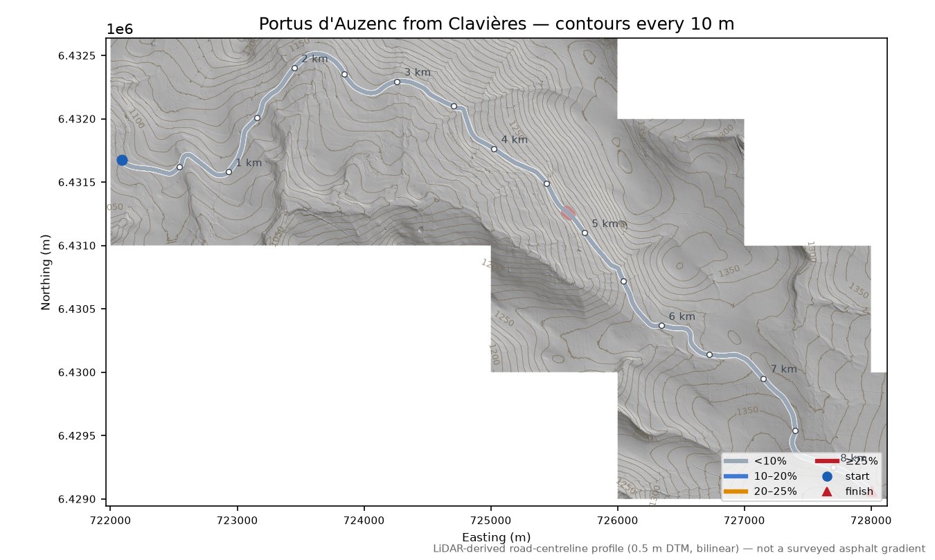 Portus d'Auzenc from Clavières LiDAR hillshade map with contours