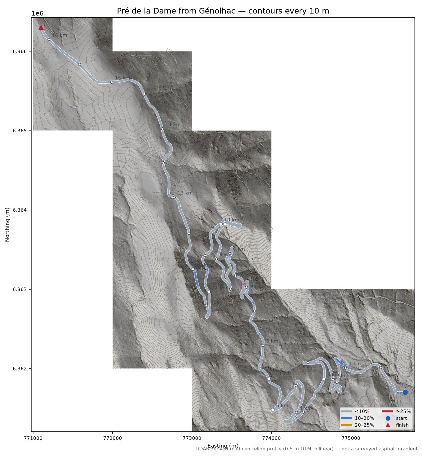Pré de la Dame from Génolhac LiDAR hillshade map with contours