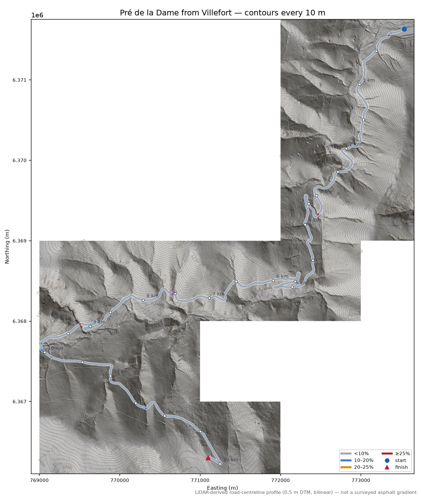 Pré de la Dame from Villefort LiDAR hillshade map with contours