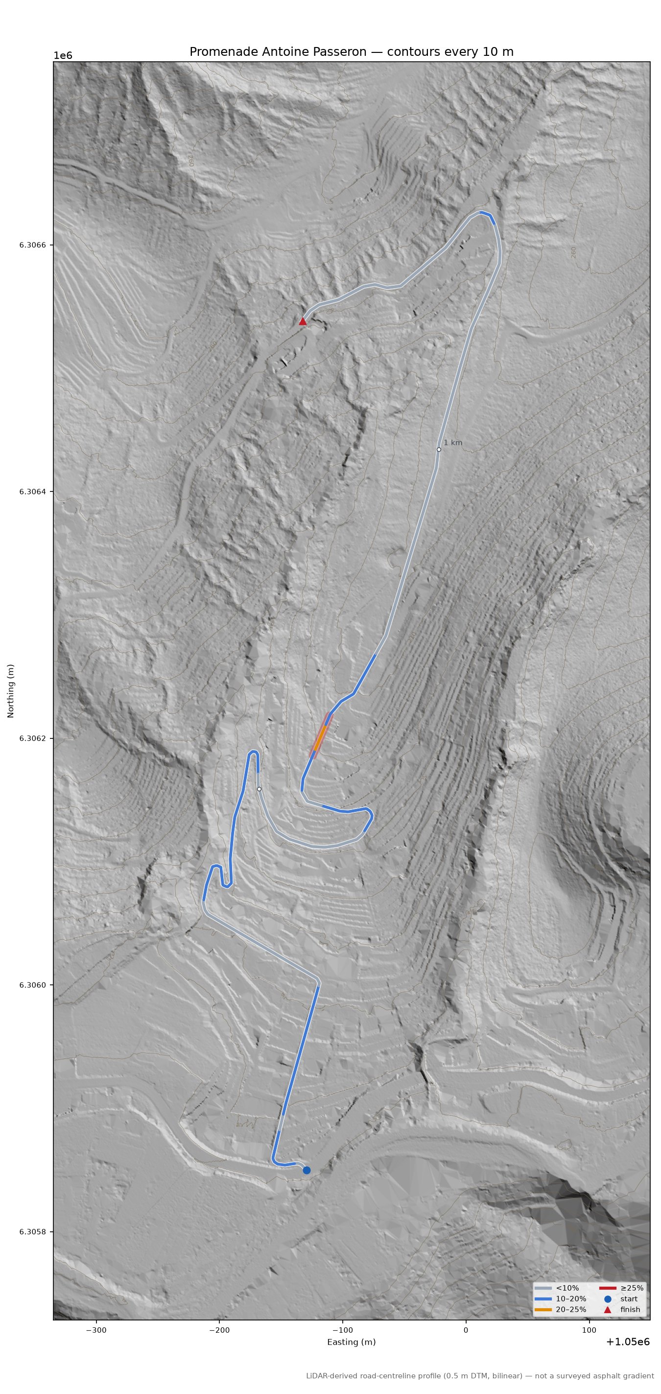 Promenade Antoine Passeron LiDAR hillshade map with contours