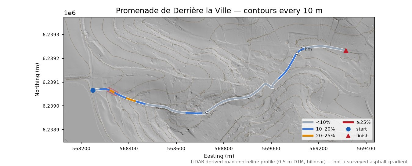 Promenade de Derrière la Ville LiDAR hillshade map with contours