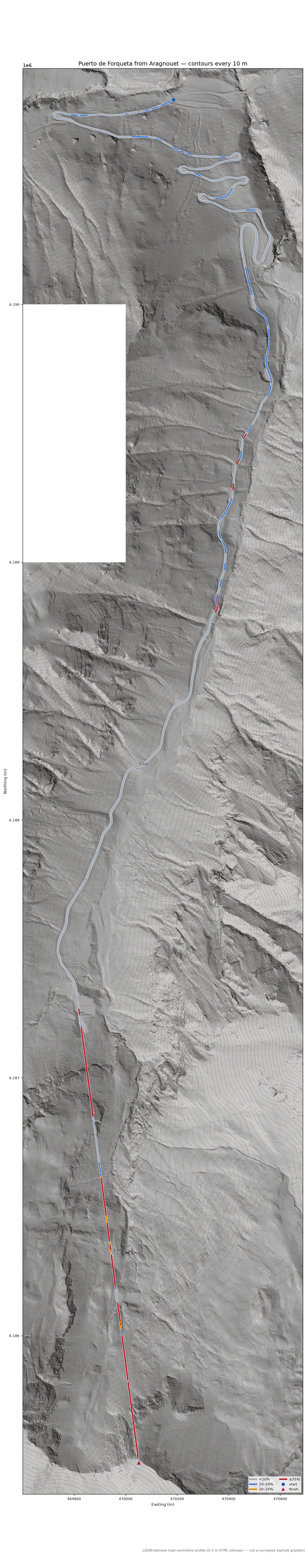 Puerto de Forqueta from Aragnouet LiDAR hillshade map with contours