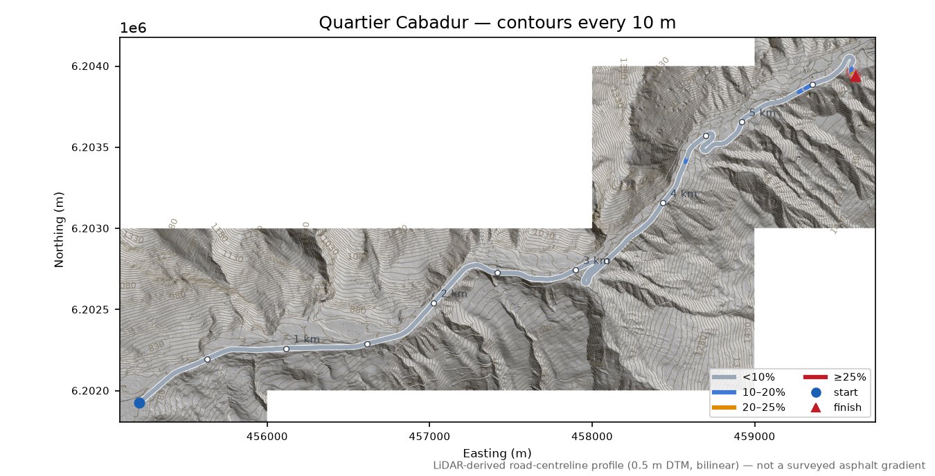 Quartier Cabadur LiDAR hillshade map with contours