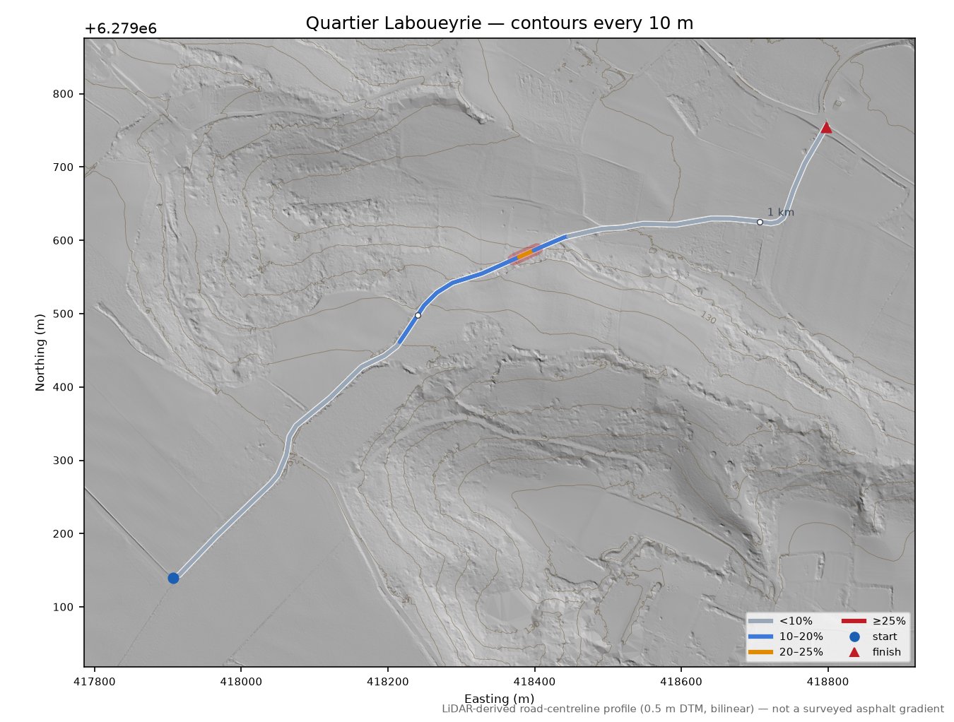 Quartier Laboueyrie LiDAR hillshade map with contours
