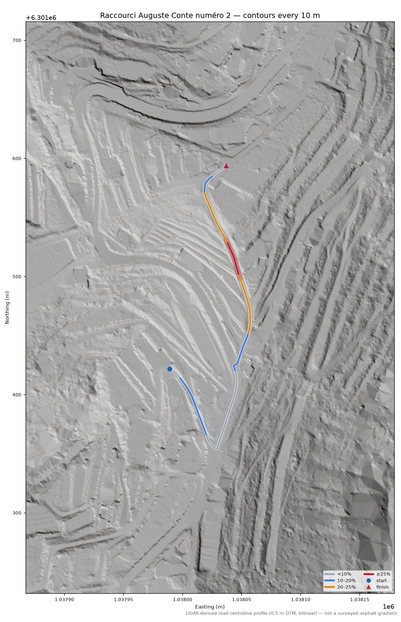 Raccourci Auguste Conte numéro 2 LiDAR hillshade map with contours