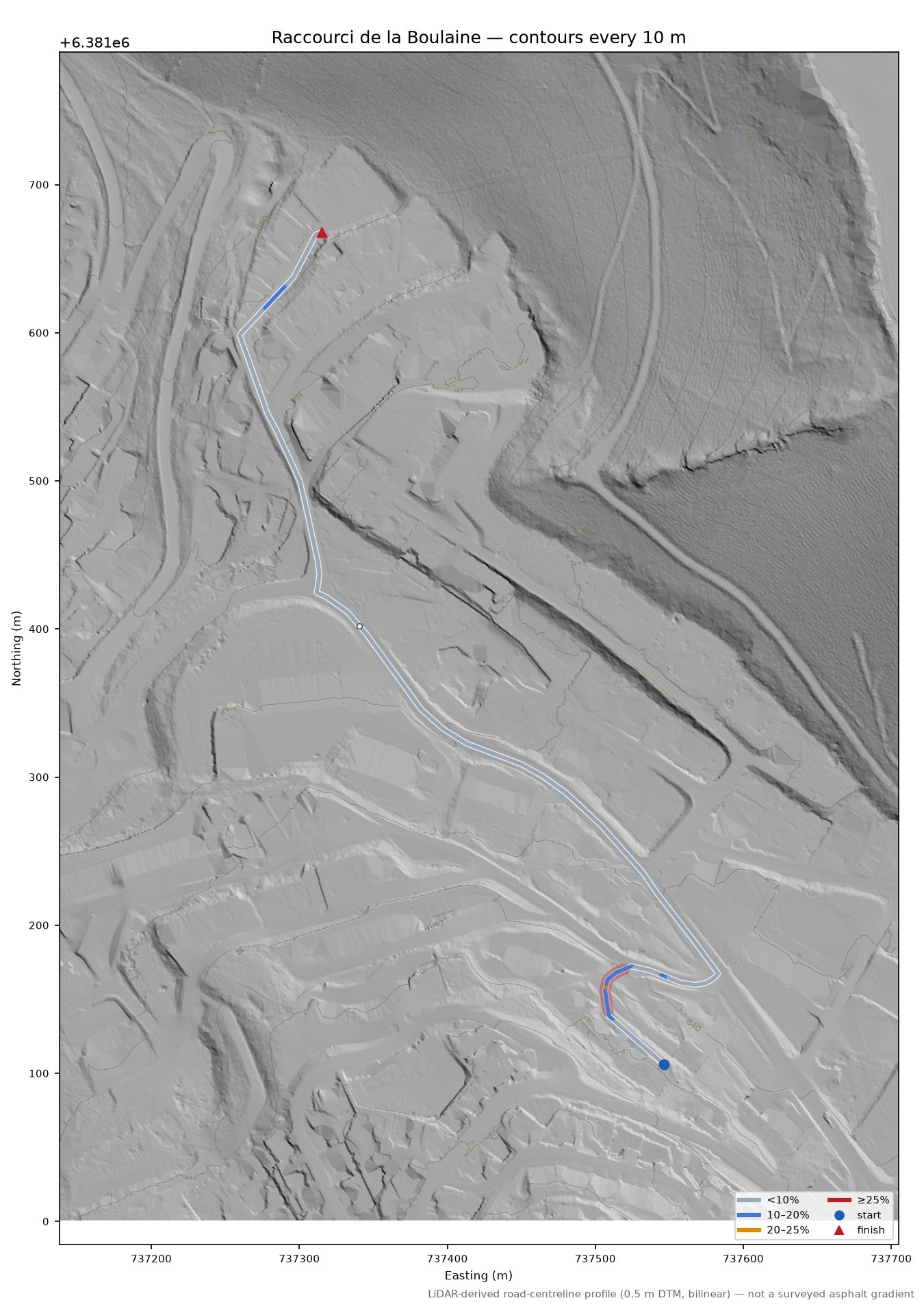 Raccourci de la Boulaine LiDAR hillshade map with contours