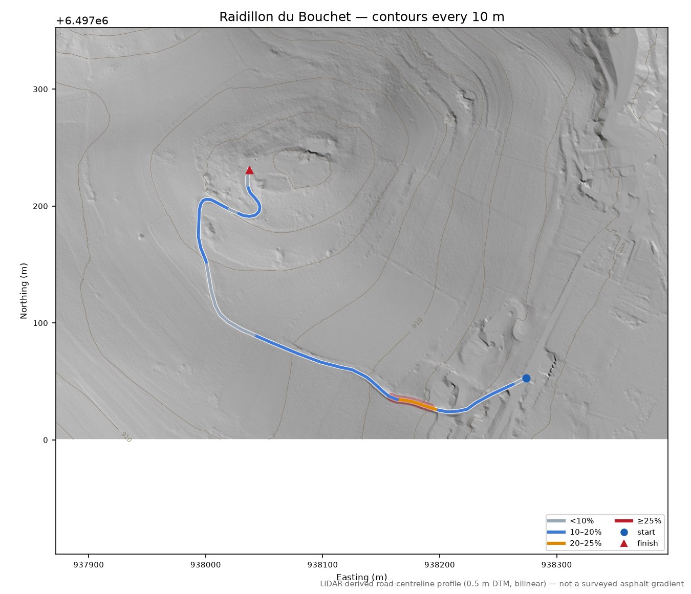 Raidillon du Bouchet LiDAR hillshade map with contours