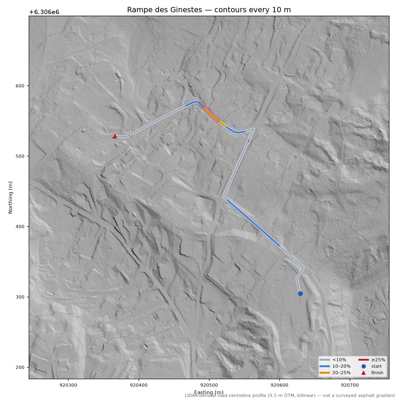 Rampe des Ginestes LiDAR hillshade map with contours