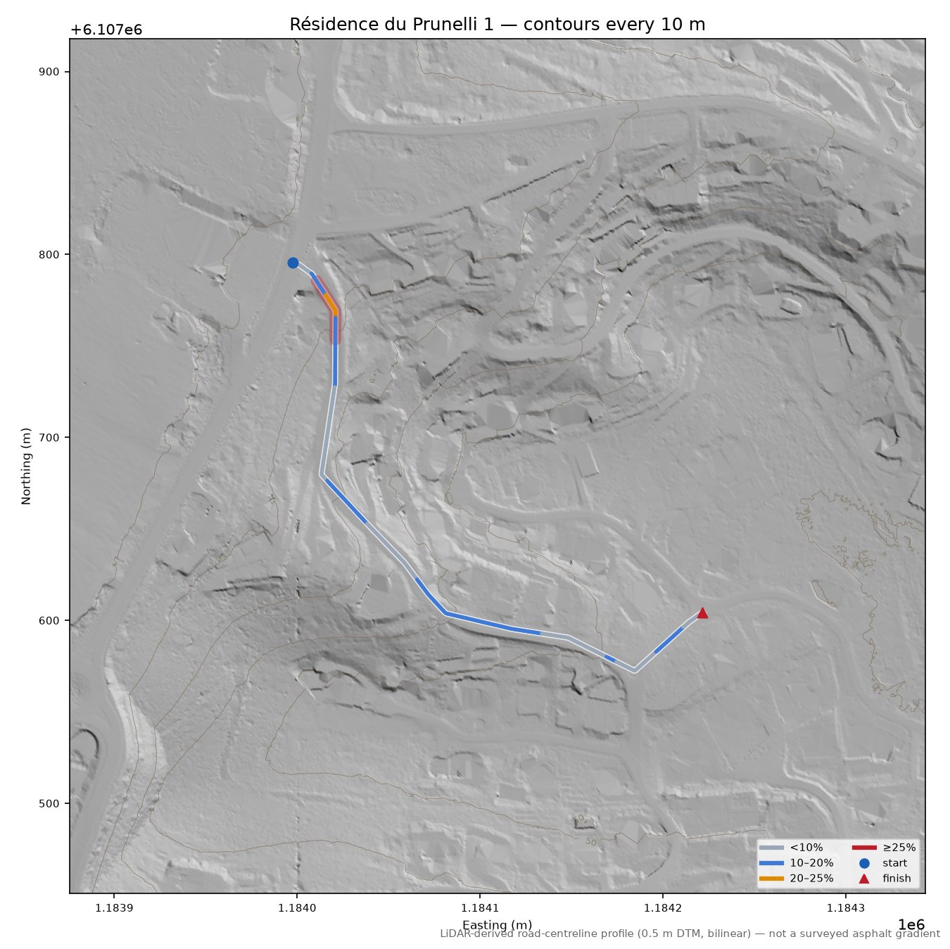 Résidence du Prunelli 1 LiDAR hillshade map with contours