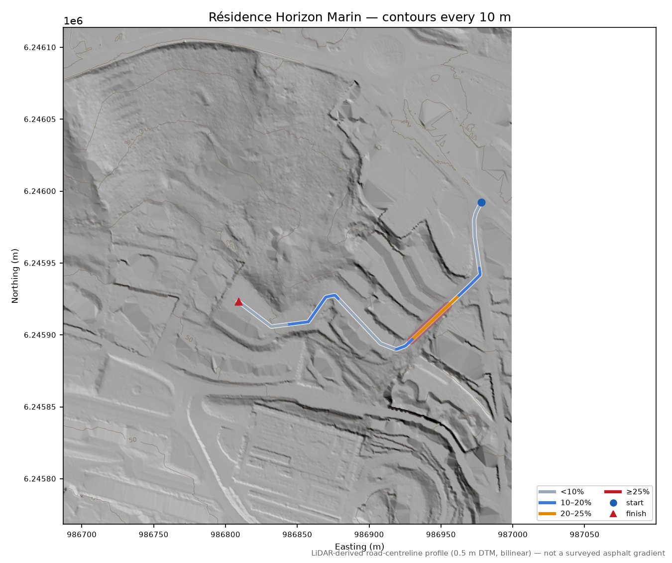 Résidence Horizon Marin LiDAR hillshade map with contours
