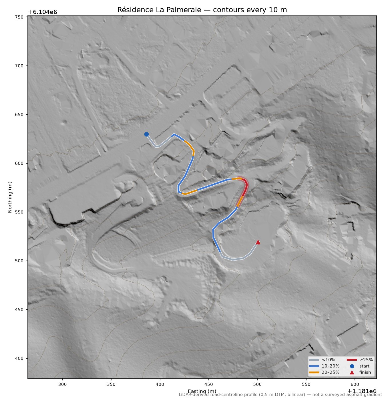 Résidence La Palmeraie LiDAR hillshade map with contours