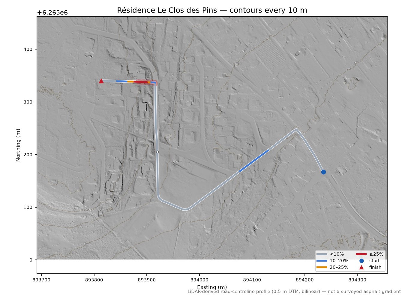 Résidence Le Clos des Pins LiDAR hillshade map with contours