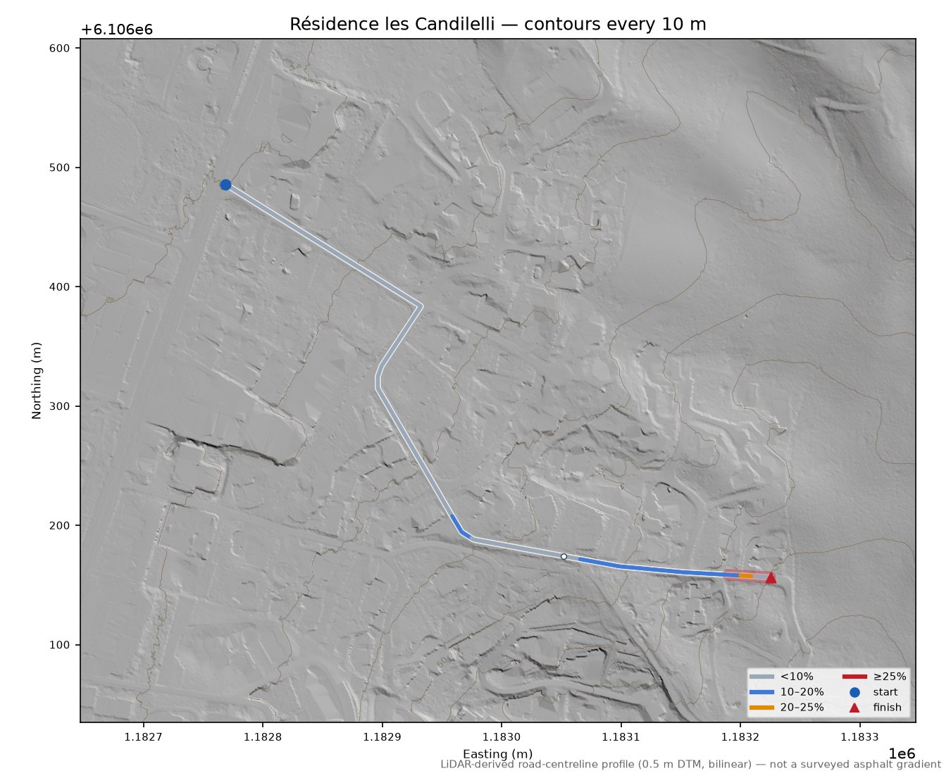 Résidence les Candilelli LiDAR hillshade map with contours