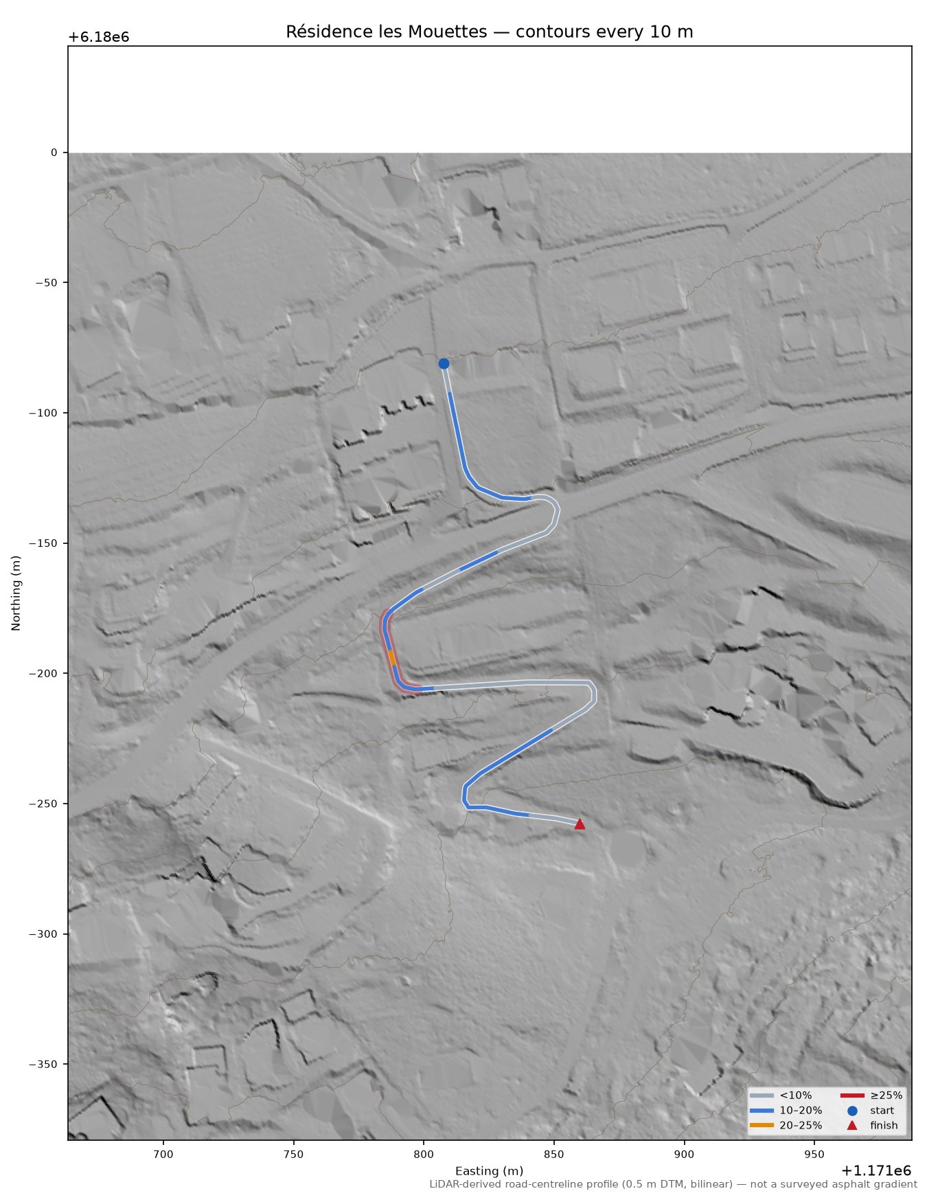 Résidence les Mouettes LiDAR hillshade map with contours