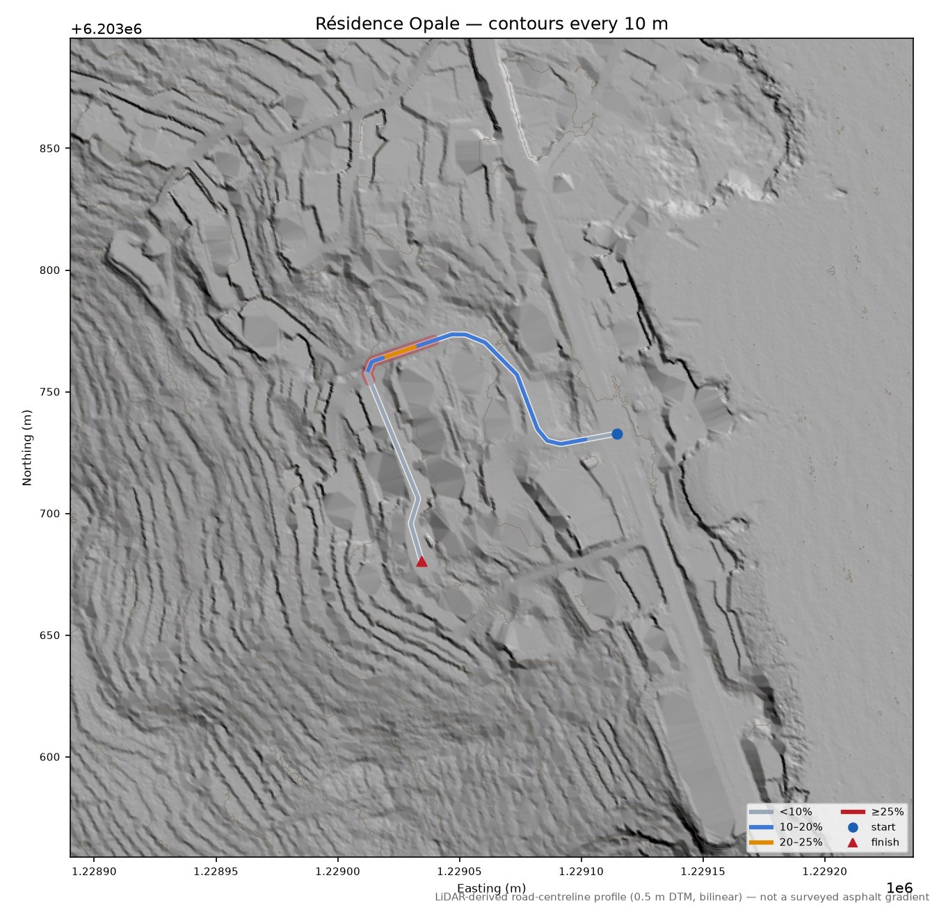 Résidence Opale LiDAR hillshade map with contours