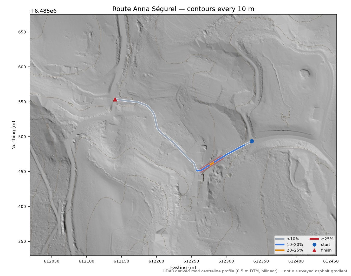 Route Anna Ségurel LiDAR hillshade map with contours