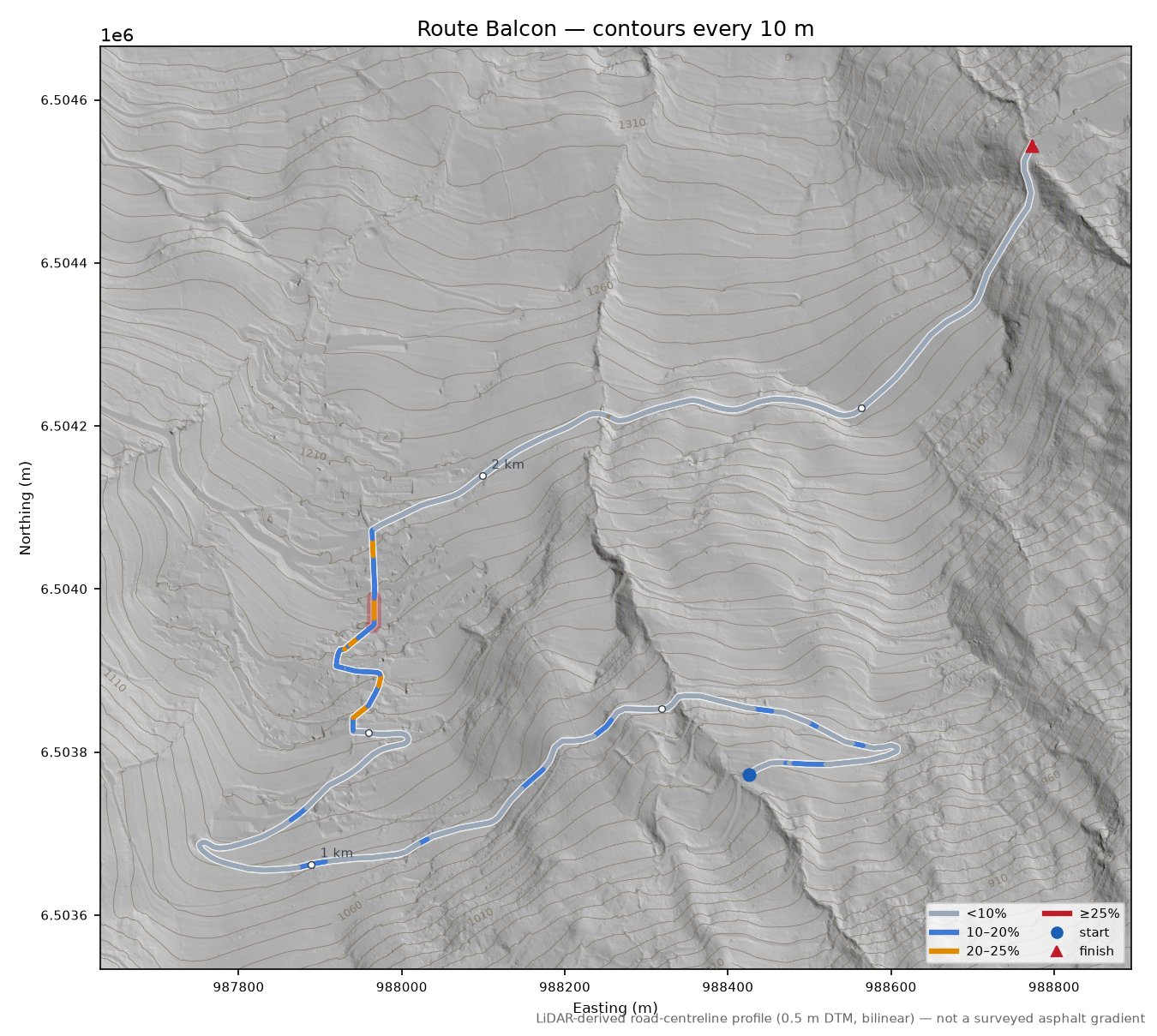 Route Balcon LiDAR hillshade map with contours