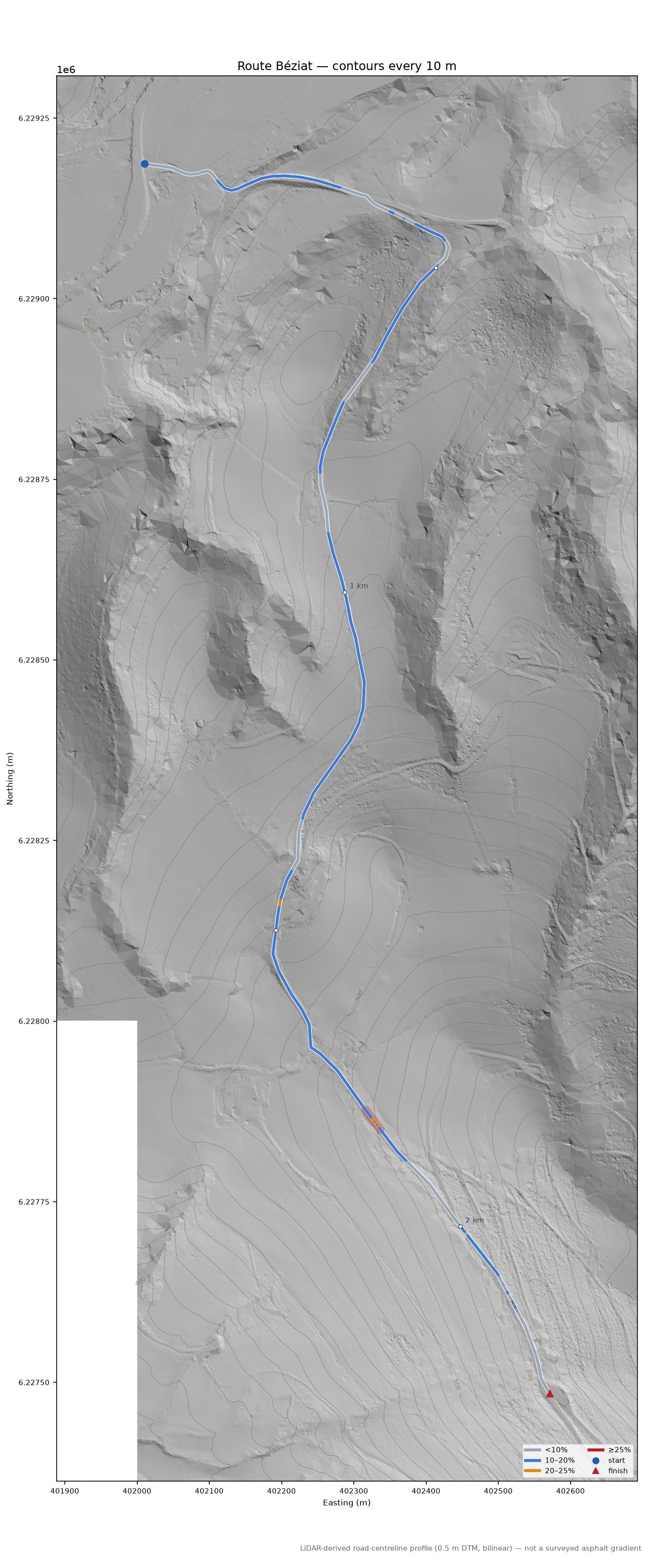 Route Béziat LiDAR hillshade map with contours