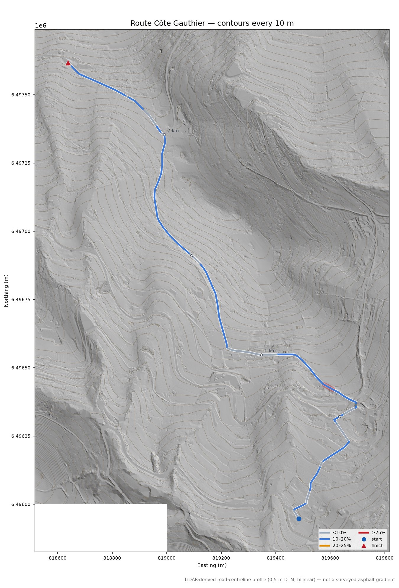 Route Côte Gauthier LiDAR hillshade map with contours