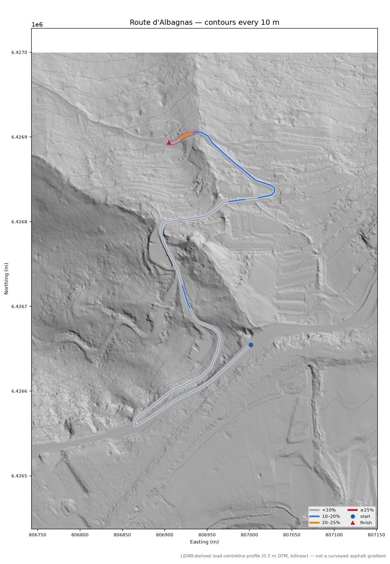 Route d'Albagnas LiDAR hillshade map with contours