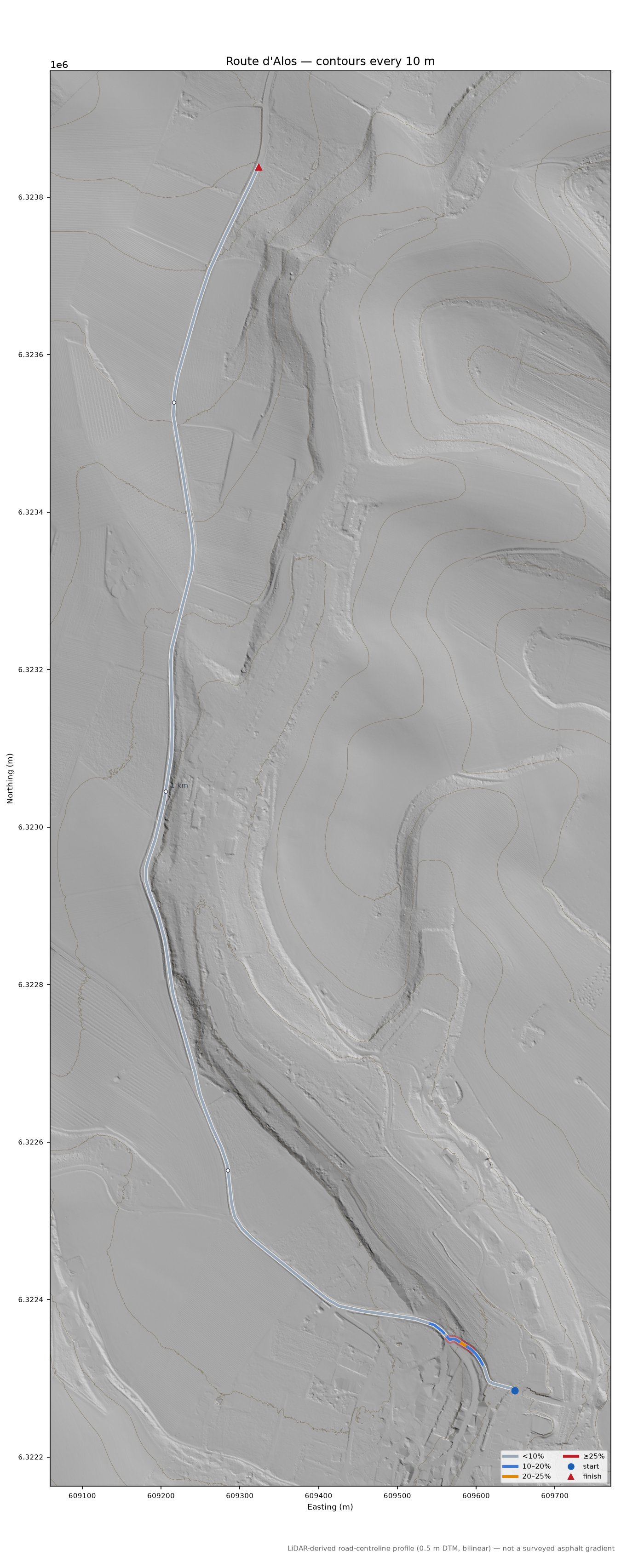 Route d'Alos LiDAR hillshade map with contours