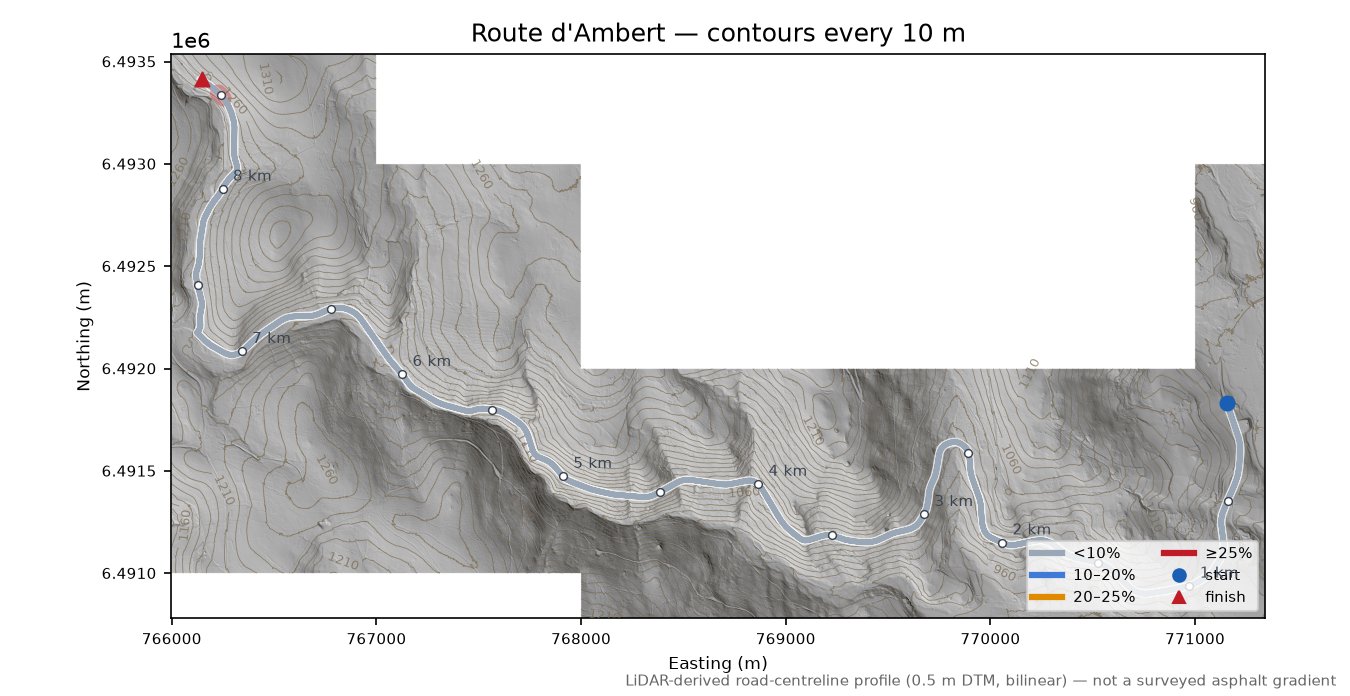 Route d'Ambert LiDAR hillshade map with contours