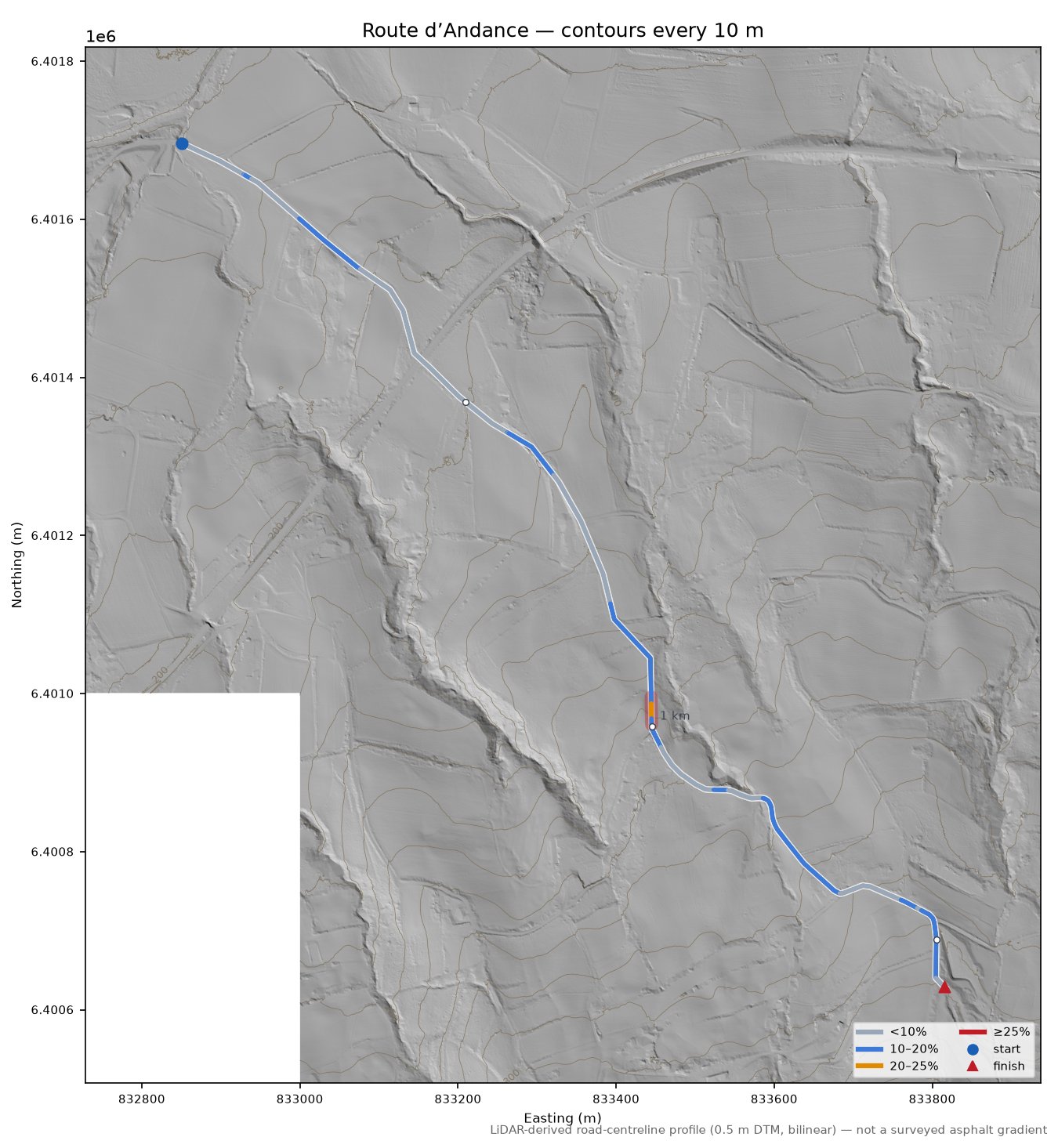 Route d’Andance LiDAR hillshade map with contours