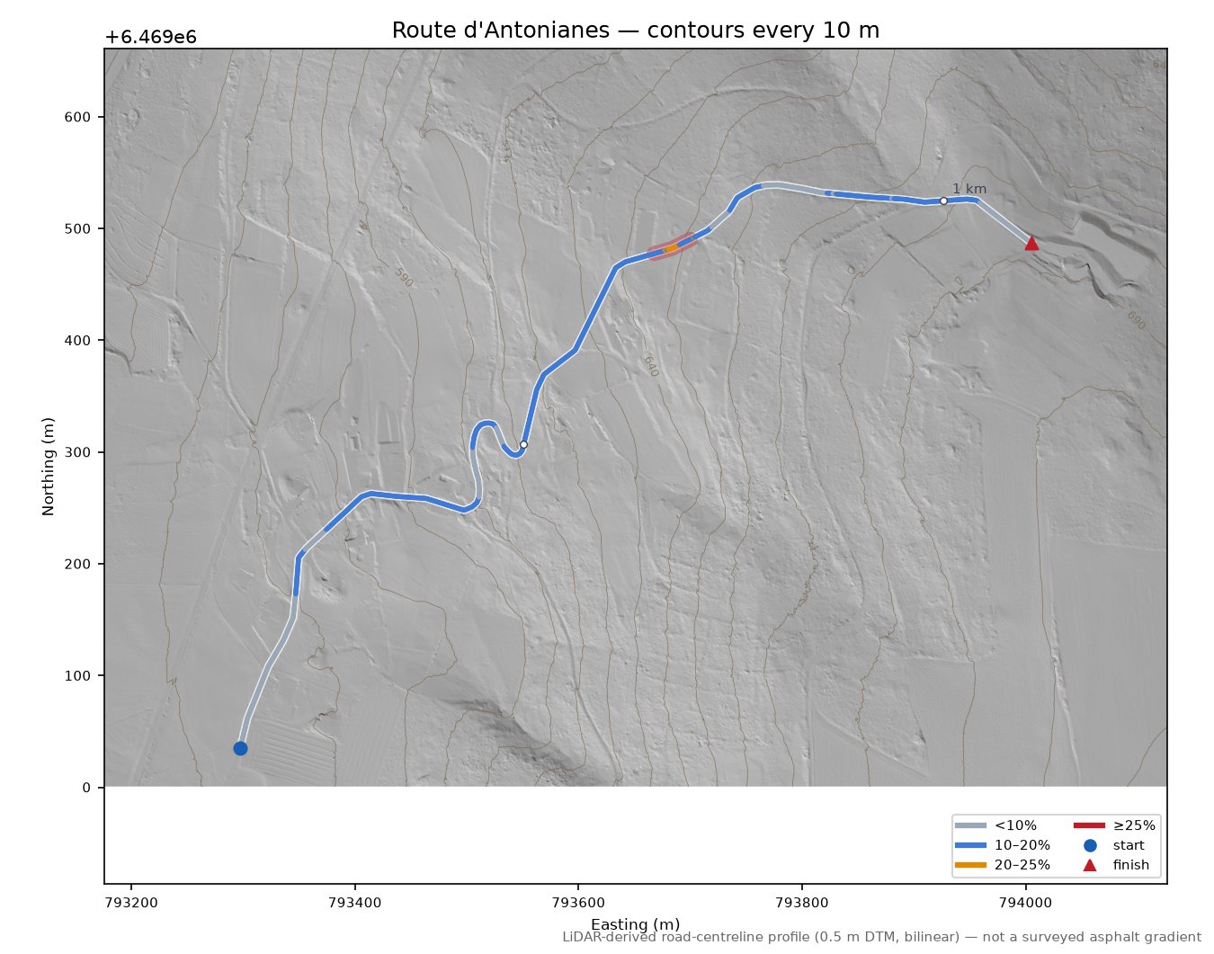 Route d'Antonianes LiDAR hillshade map with contours