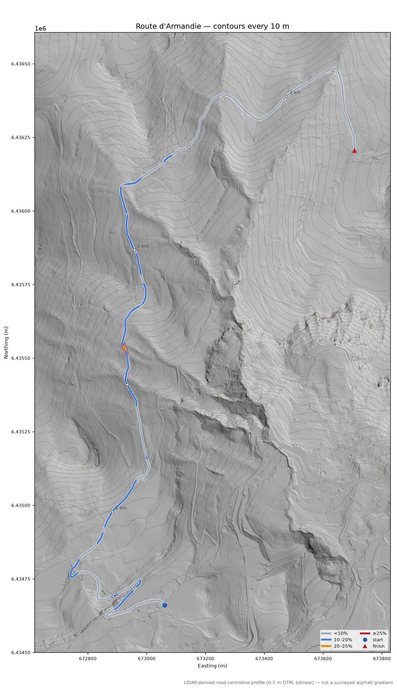 Route d'Armandie LiDAR hillshade map with contours