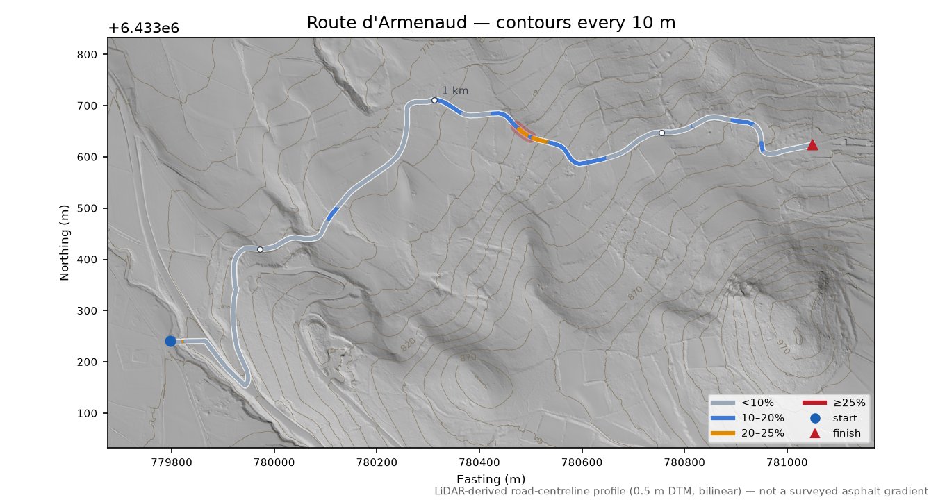 Route d'Armenaud LiDAR hillshade map with contours