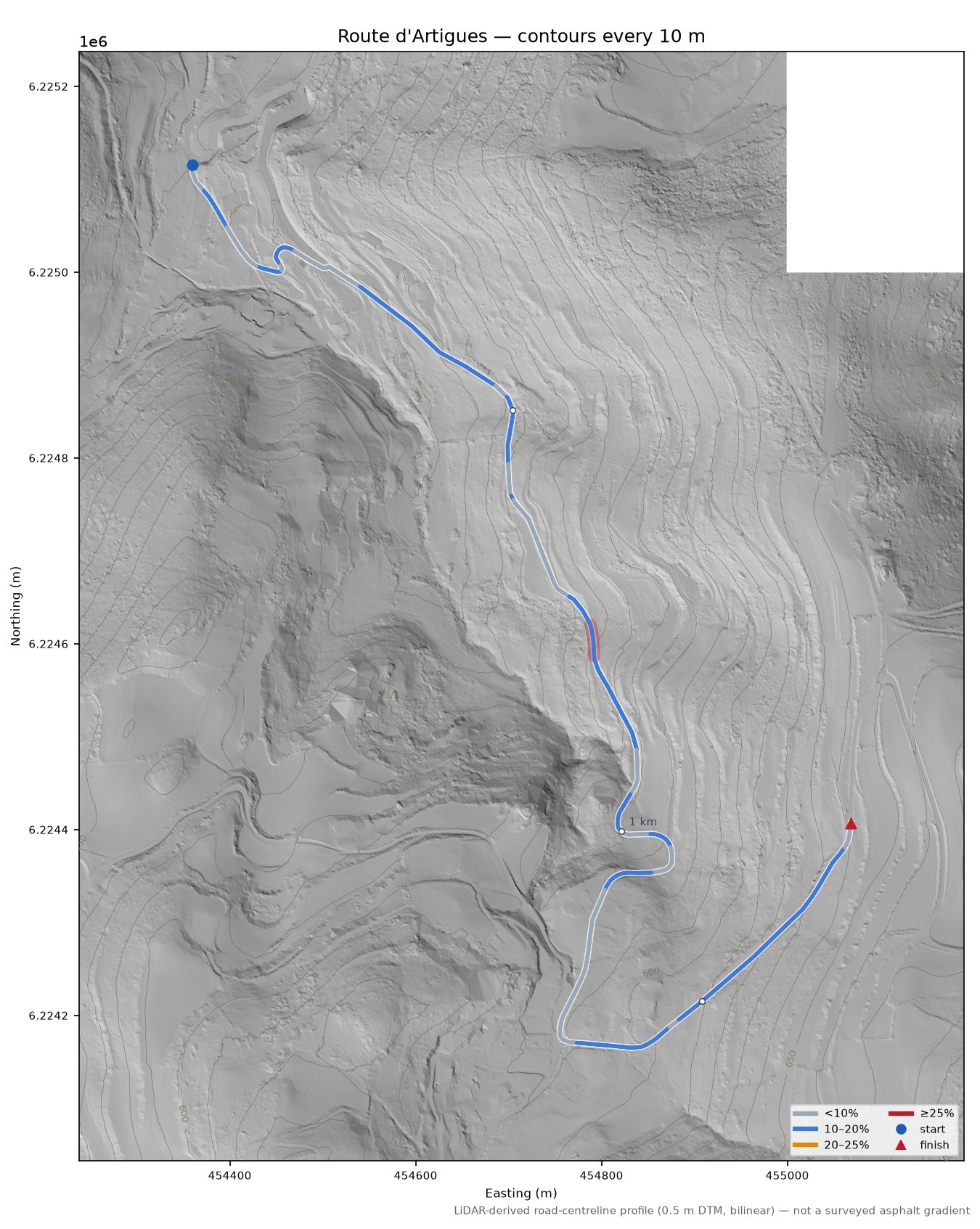 Route d'Artigues LiDAR hillshade map with contours
