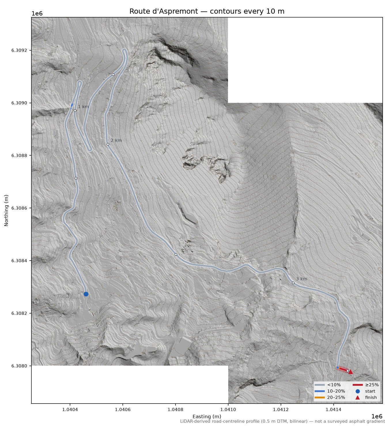 Route d'Aspremont LiDAR hillshade map with contours