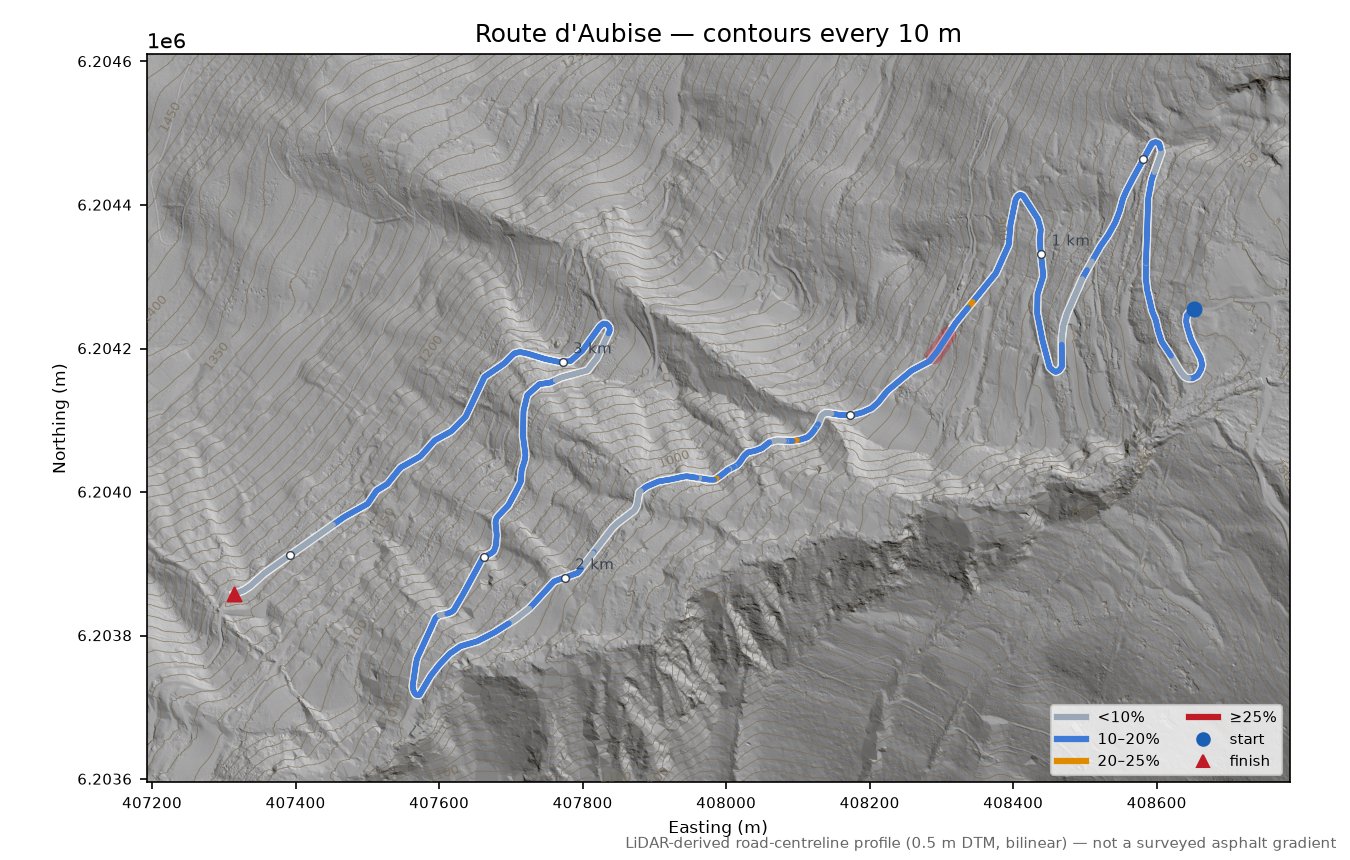 Route d'Aubise LiDAR hillshade map with contours
