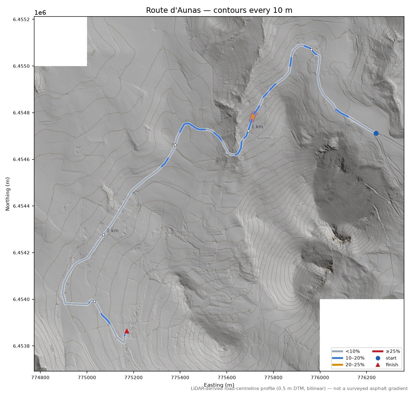 Route d'Aunas LiDAR hillshade map with contours