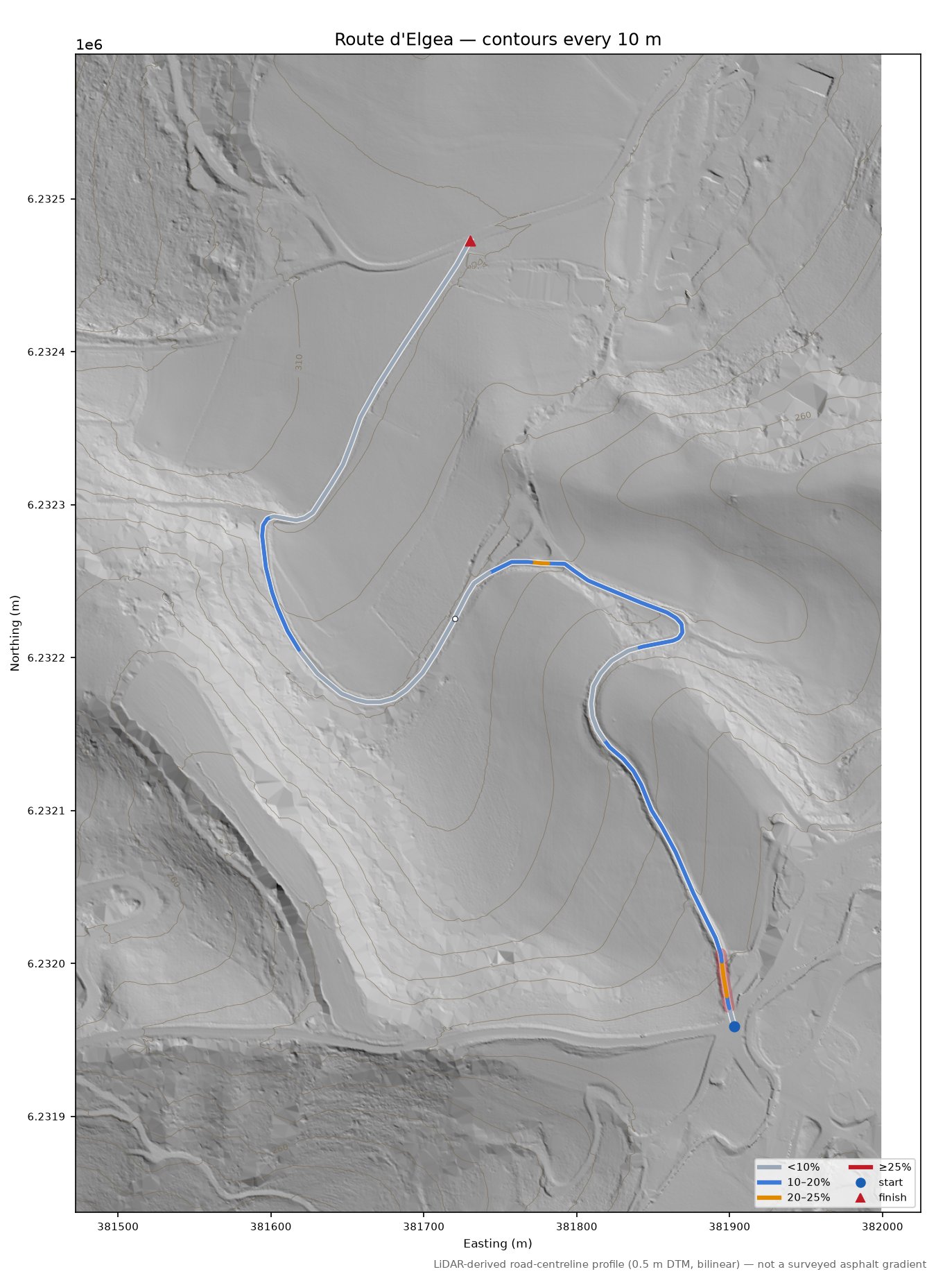 Route d'Elgea LiDAR hillshade map with contours