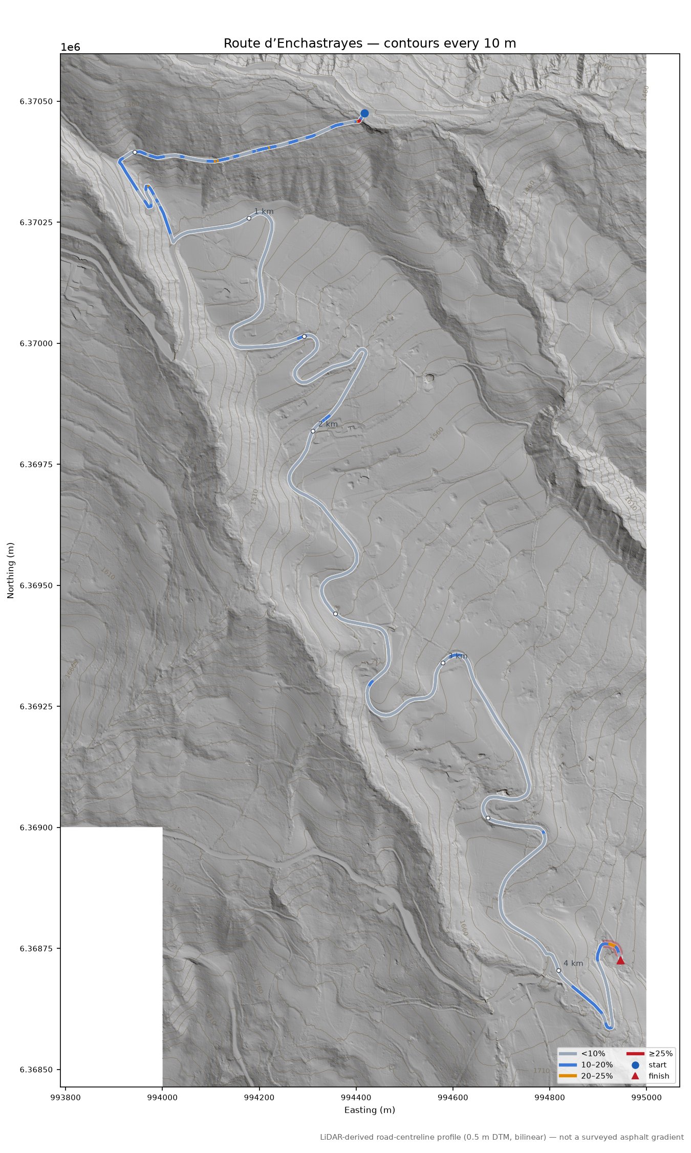Route d’Enchastrayes LiDAR hillshade map with contours