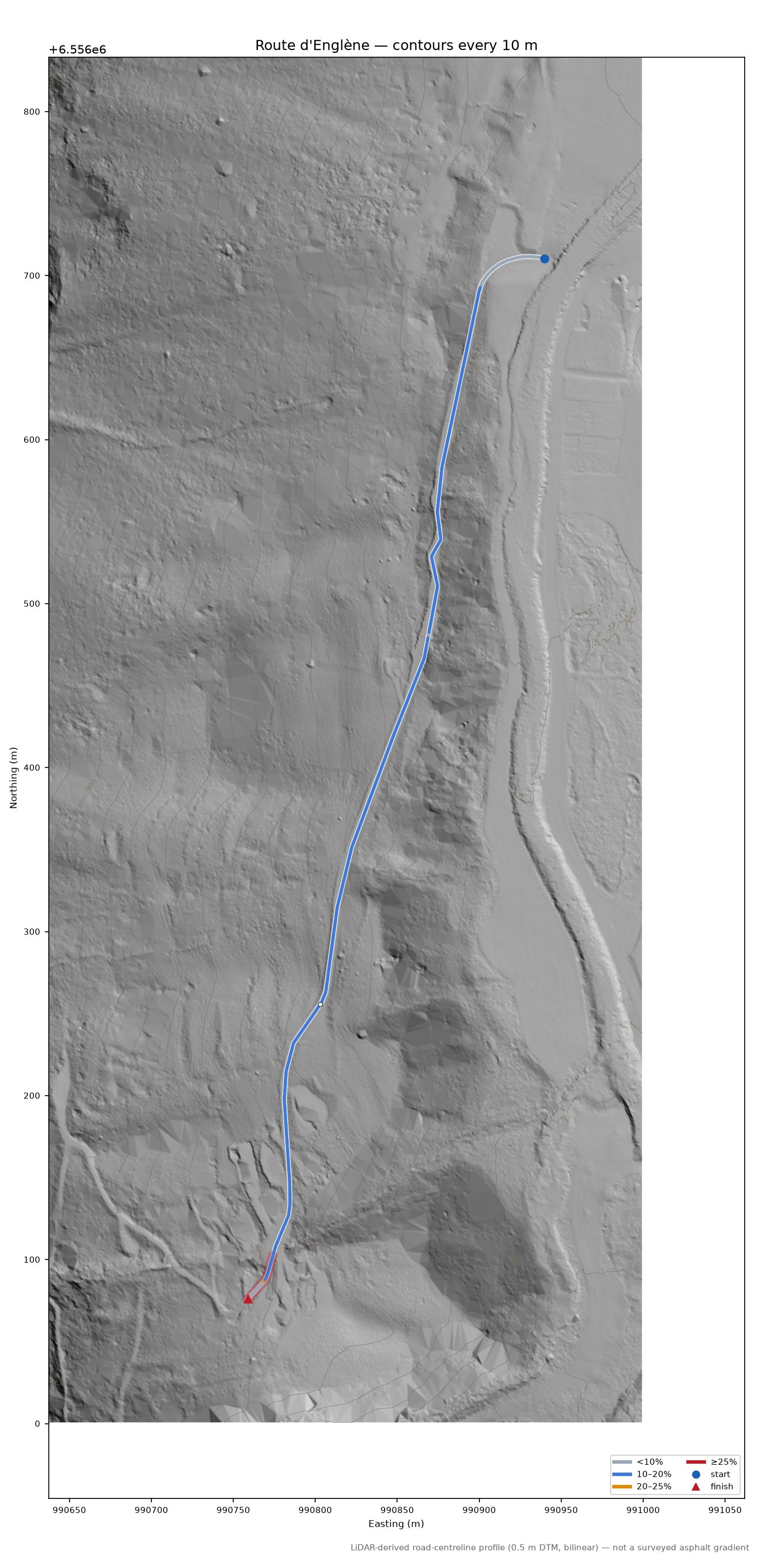 Route d'Englène LiDAR hillshade map with contours