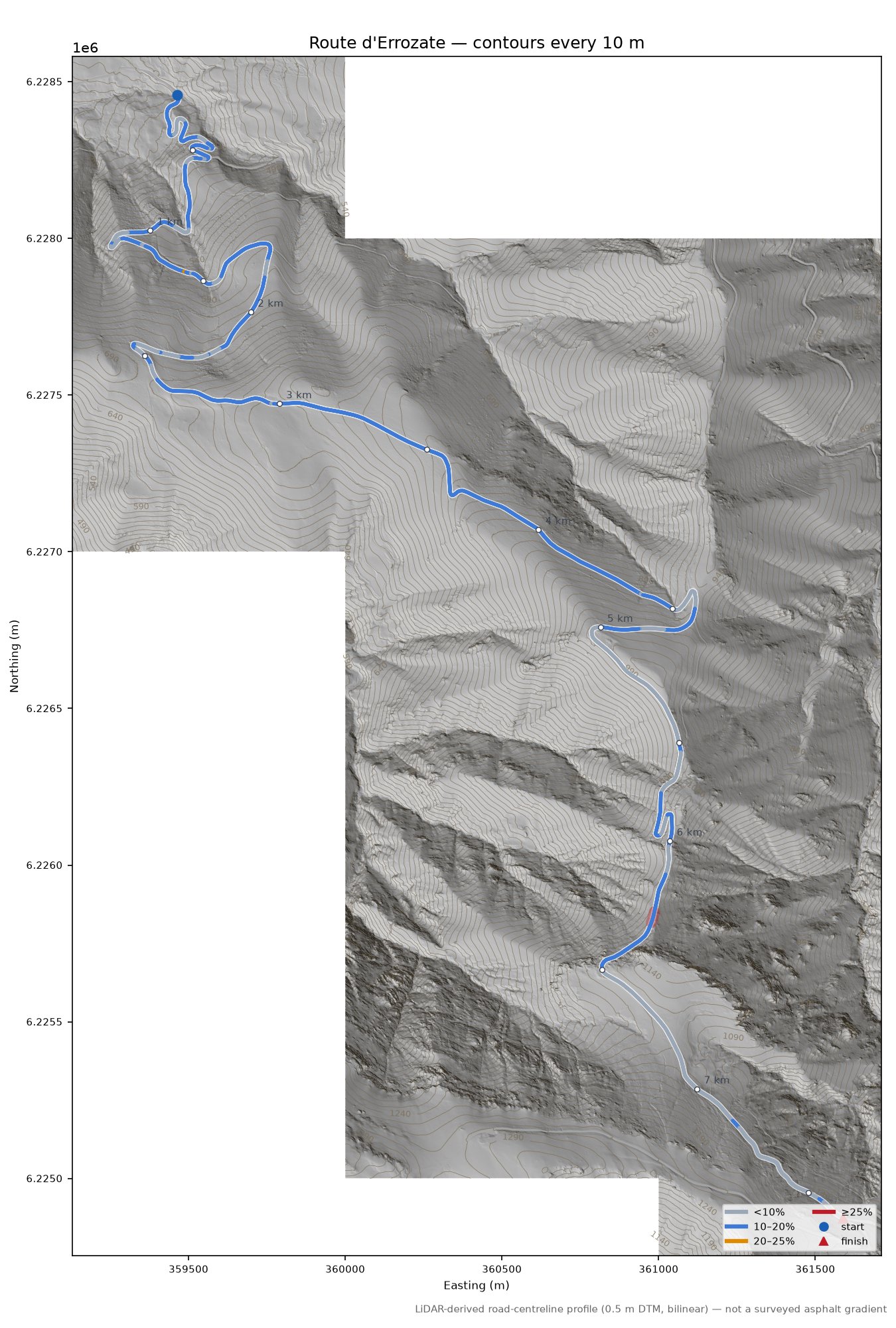Route d'Errozate LiDAR hillshade map with contours