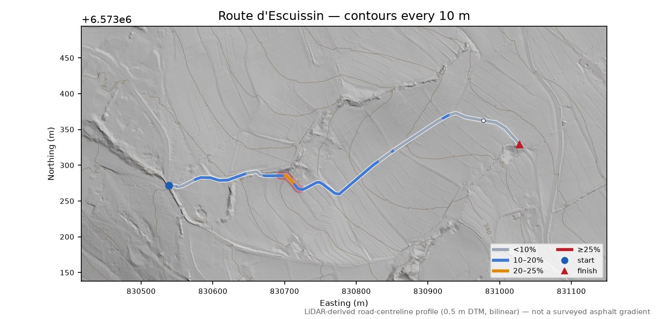 Route d'Escuissin LiDAR hillshade map with contours